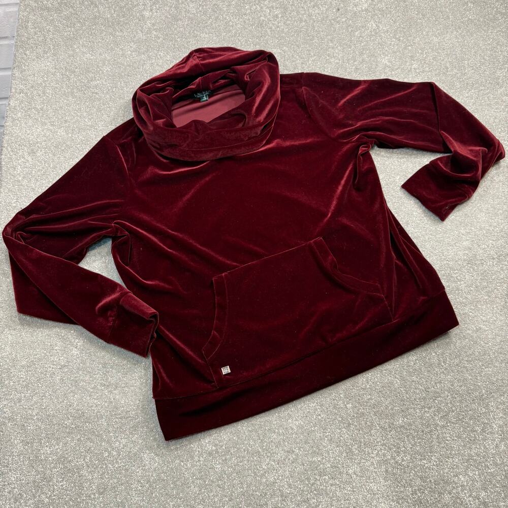 Lauren Ralph‎ Lauren Velvet Long Sleeve Sweatshirt Cowlneck Burgundy Red Pet Lrg